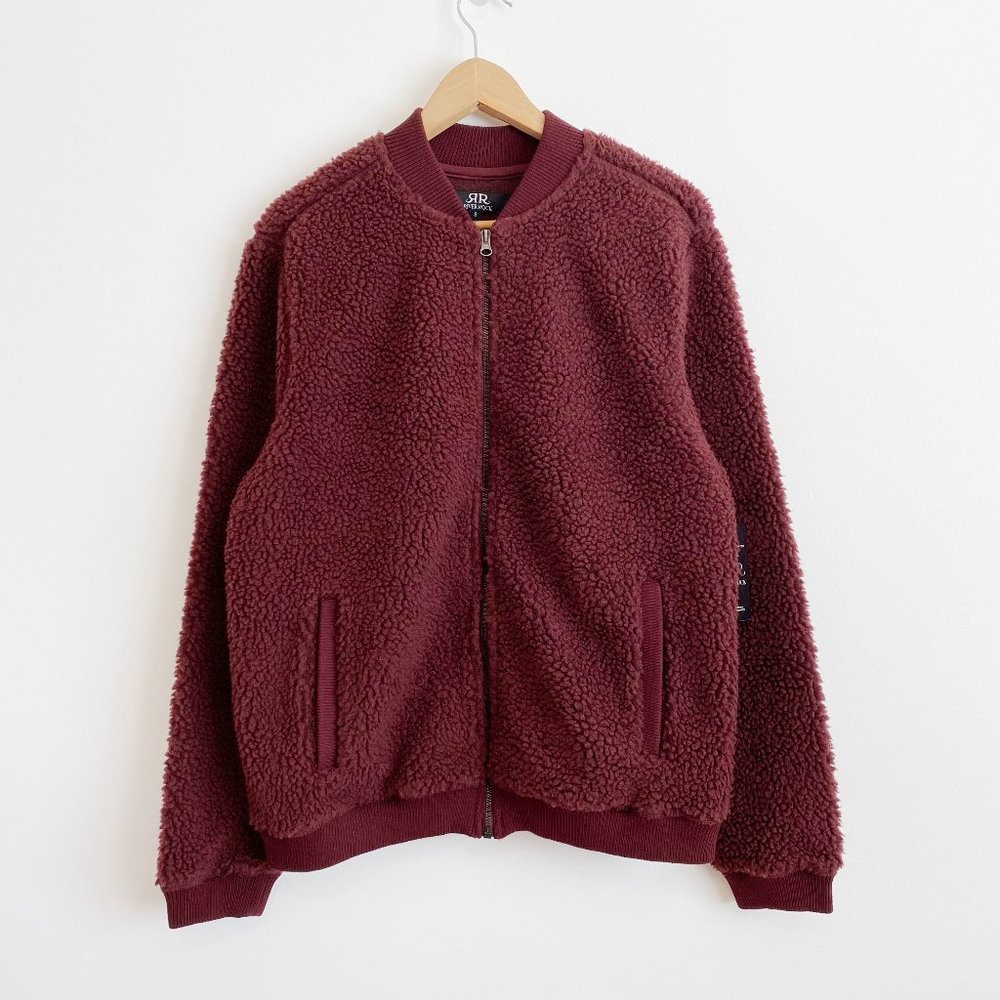 River Rock Men's Sherpa Bomber Jacket, Burgundy, Baseball Collar, Full Zipper, S